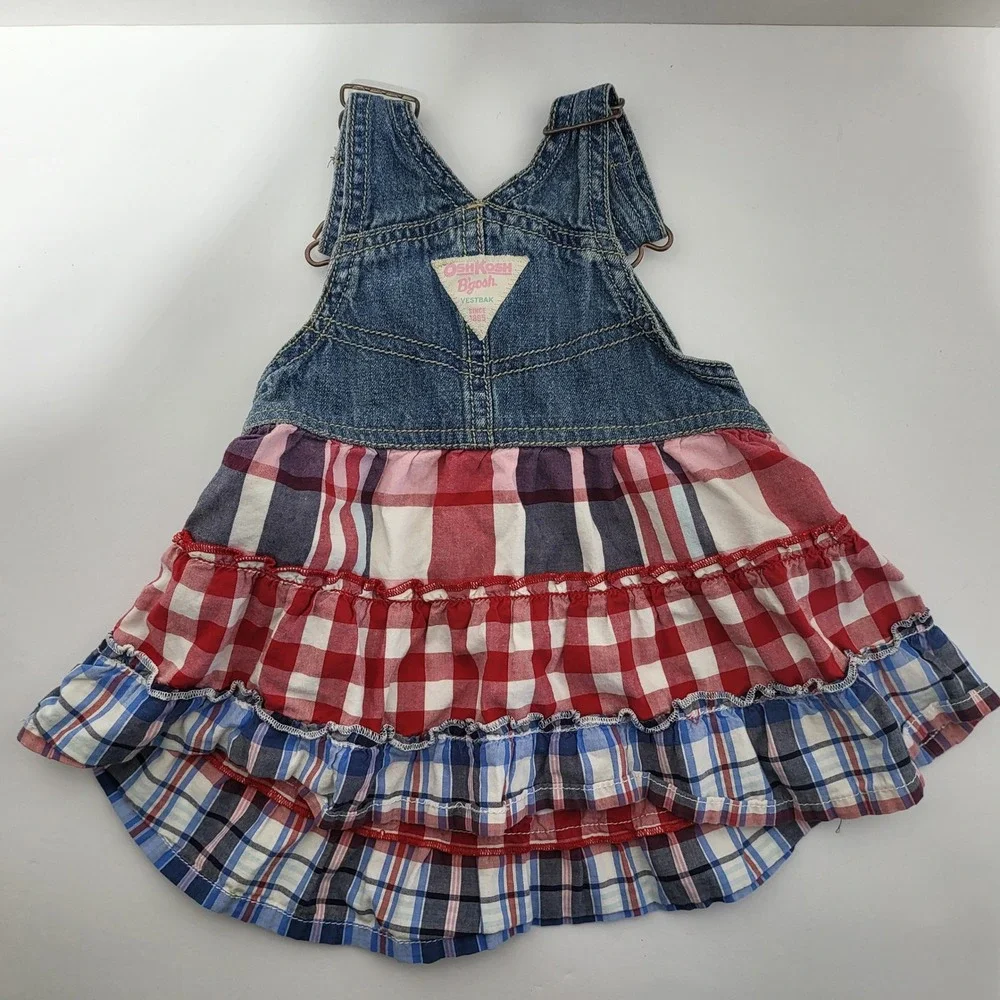 OshKosh Bgosh Girls 12M Denim Plaid Tiered Ruffle Jumper Dress 904-0262 Blue Red